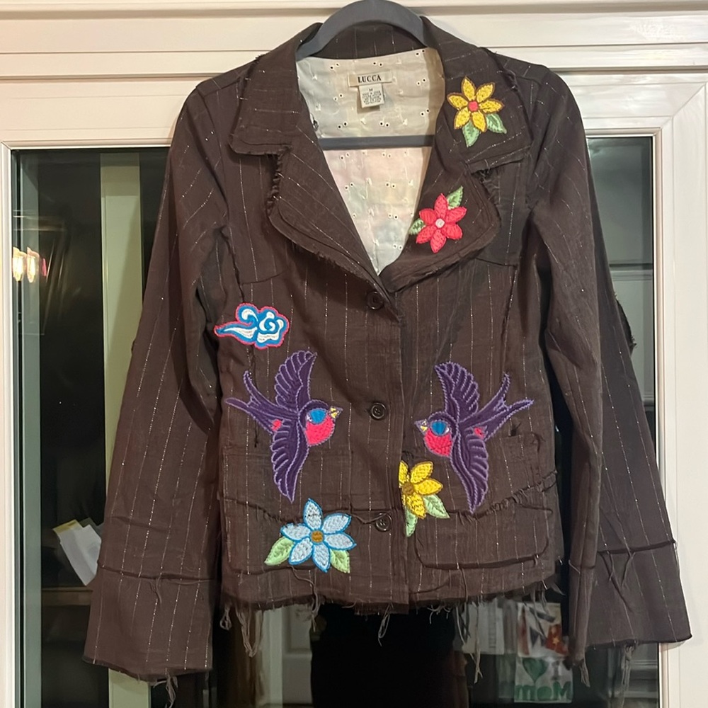 Lucca M Patchwork Denim Jacket 70's Hippie Style Embroidered Loose Threads Lined